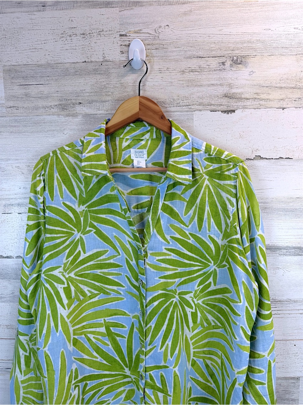 Sigrid Olsen 100% Linen Tropical Palm Print Button Front Shirt Large - Picture 6 of 12